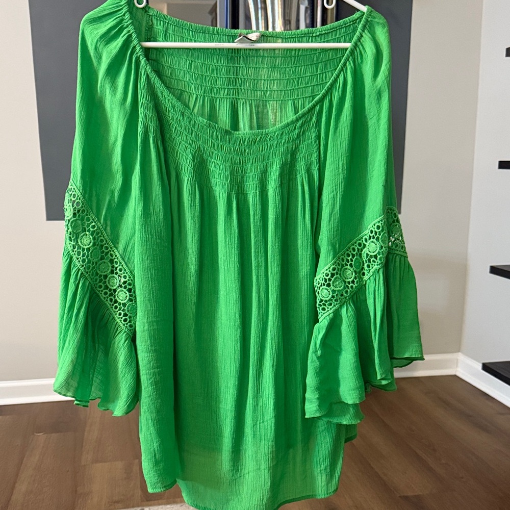 Catos Lime Green Women's Oversized Top with Lace Detail